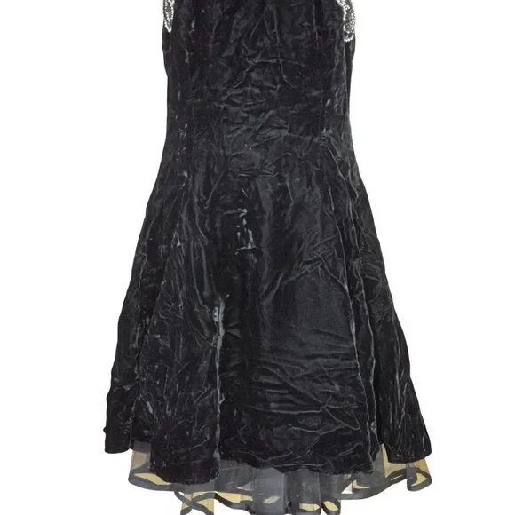 Vintage Black Velvet Halter Dress W/ Bead Sequin Detail whimsygoth elegant glam - Picture 4 of 14